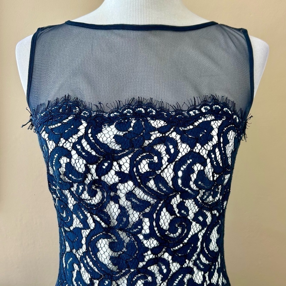 Tadashi Shoji Navy Blue and White Lace Illusion Sleeveless Cocktail Dress Size 6 - Picture 10 of 14